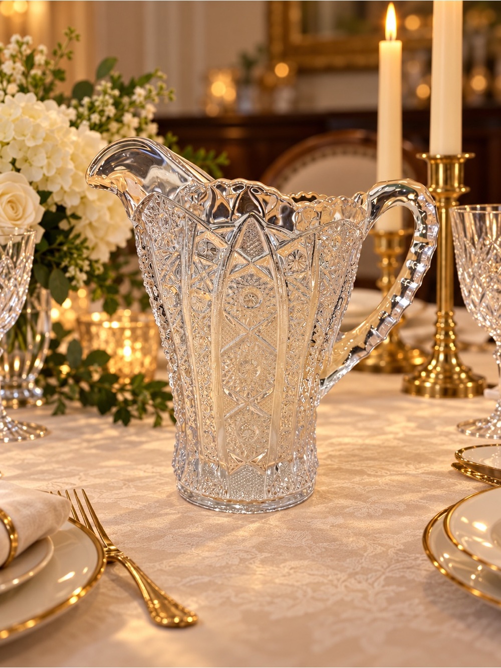 Antique McKee Toltec Pres Cut Clear Glass Water Pitcher 8”